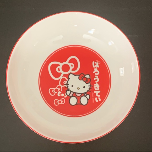 Hello Kitty 9” Ceramic Dinner Bowl Red & White Bows Japanese Letters - Picture 7 of 11